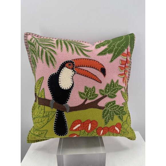 Jan Constantine England 100% Wool Thrown Pillow Feathers Filled Tropical Toucan - Picture 1 of 11